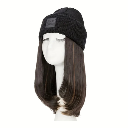 20inch Long Water Wavy Synthetic Hairpiece Beanie Hat - Woven Wigs with Knit Pom Cap and Warm Winter Design - Soft, Detachable,