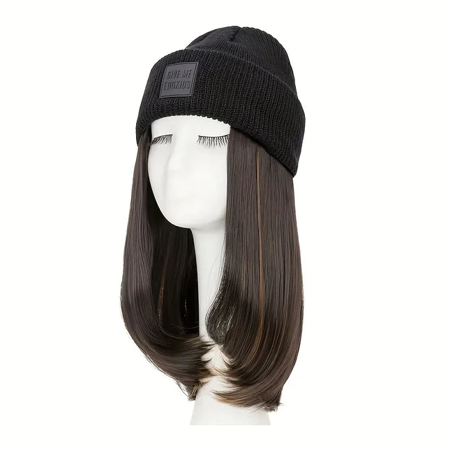 20inch Long Water Wavy Synthetic Hairpiece Beanie Hat - Woven Wigs with Knit Pom Cap and Warm Winter Design - Soft, Detachable,