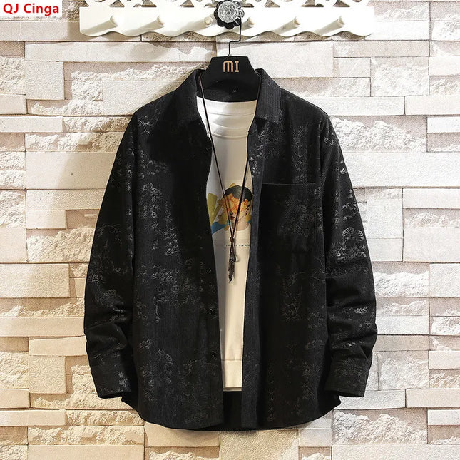 Melard Men's Black Long-Sleeve Shirt, Printed Corduroy Shirts, Business-Casual Top. 2026 New