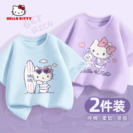 (2 Pieces Per Pack) Sanrio Summer Baby Girls 100% Cotton Clothes Kid Children Girl Hello Kitty Printed T-shirts Short Sleeve Top
