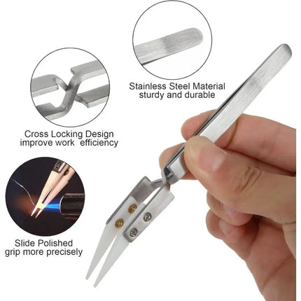5/3/1pcs Ceramic Tip Labor-saving Electronic Soldering Tweezers, Anti-Static Reverse Acid Resistant Precision Chuck Tweezers