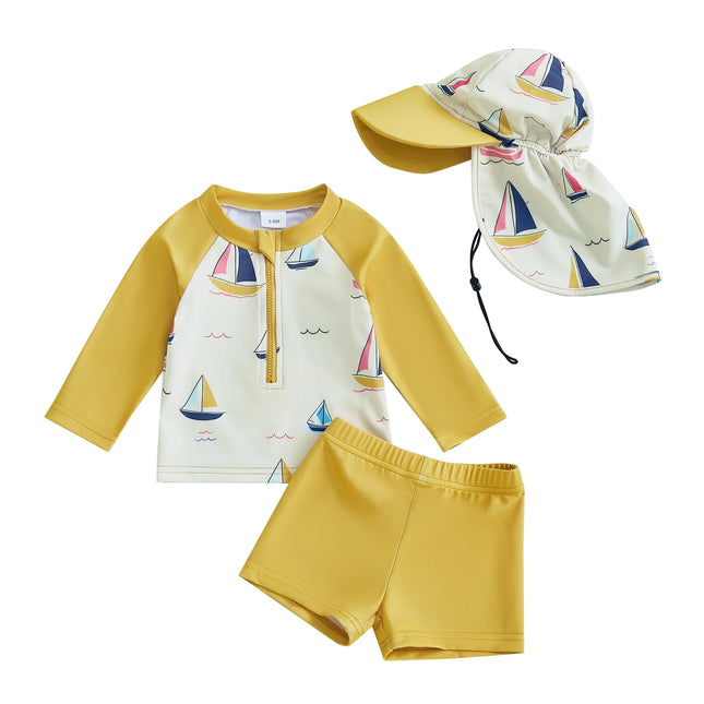 0-6Y Boys Rash Guard Swimsuit Set Sailboat Print Long Sleeve Zipper Tops with Shorts and Swim Hat 3Pcs Outfits