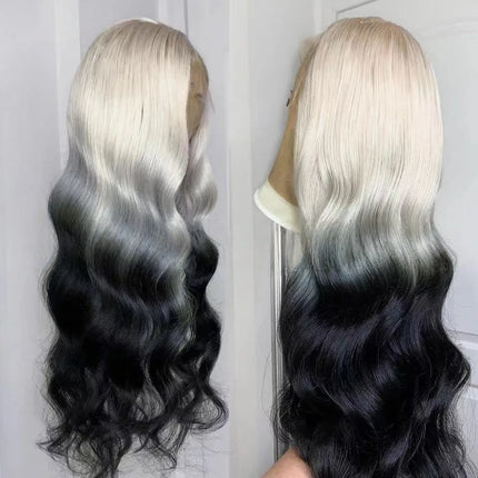 Women's Lace Front Wig Hand Hooked Black with White Highlights Long Straight Heat Resistant Synthetic Lace Wig For Cosplay