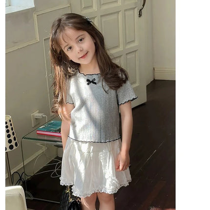 Girls' Ice Silk T-shirt Korean Style Short Sleeve Tops Children's Clothes 2025 Girl Summer Teen Kids Bow Round Neck Solid Tops