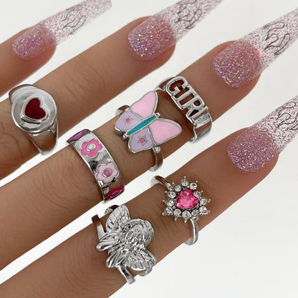 Colorful Enamel Butterfly Kunckle Rings Set For Women Geometric Heart Dollar Sign Finger Ring Girls Summer Fashion Jewelry