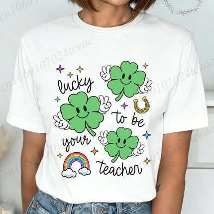 St Patrick's Day Teacher Shirt, Lucky Teacher Women's T-Shirts，Retro T-Shirts，unisex Tops Tees,short Sleeve Women's Clothing