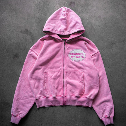 Pink Womens Zip Up Hoodie Sweatshirt Stylish Letter Embroidery with Thick Long Sleeves Jacket Loose Winter Hoodies Streetwear