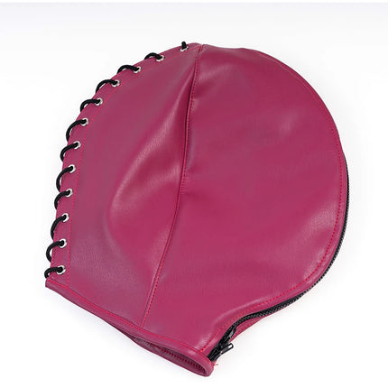 Leather Mask Full Face Double Layer Headgear Zip Head Hood Adjustable Lace-up Leather Bondage Masks Halloween Cosplay Party Mask