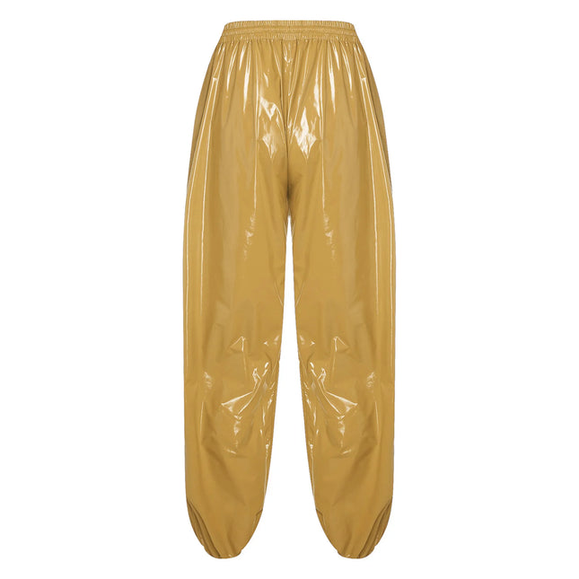 Mens Shiny Waterproof Jogging Pants Y2K Drawstring Elastic Waistband Side Pockets Track Baggy Glossy Pants Hip Hop Trousers