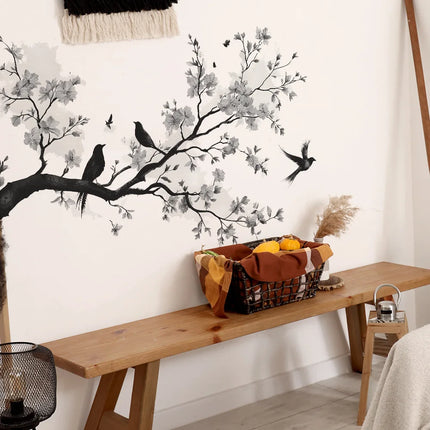 Black White Flowers Wall Stickers Branch Bird for Blossom Wall Sticker Home Decoration Girls Living Room Bedroom Wall Decal