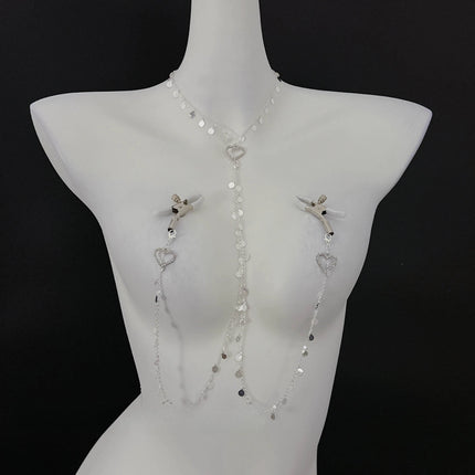 Metal Sequined Heart Nipple with Long Chain Clamps Pair Bells  Chain Clips BDSM Women Toys Adult Sex Games Breast Stimulate 18+