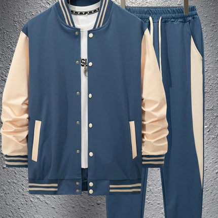 Men's new autumn and winter baseball jacket casual and versatile cardigan coat and color-block sport pants set