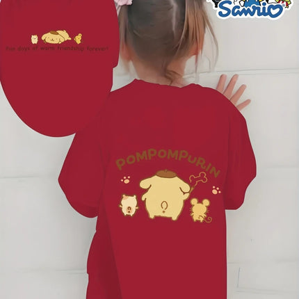 Sanrio Summer Creative Cartoon Pudding Dog Print T-Shirt Fashionably Versatile Breathable Boys Girls Clothing Suitable All Ages