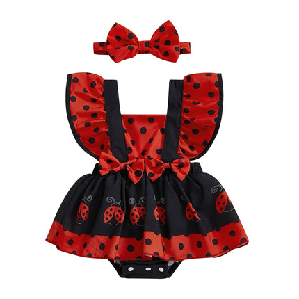 FOCUSNORM 0-18M Lovely Baby Girls Rompers Dress 4 Colors Bee/Ladybug/Cow/Elephant Print Fly Sleeve Jumpsuits with Headband