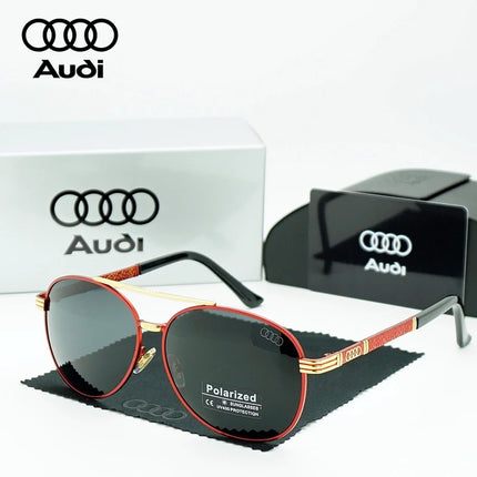 AUDI High Quality Sunglasses for Men Fashion Polarized Driving Eyewear Red Metal Frame Gold Pilot Sun Glasses Original Box