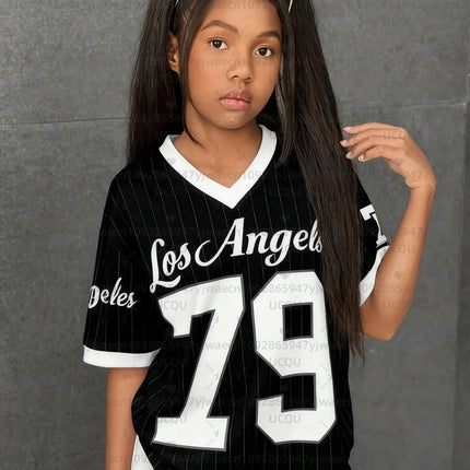 Girls Casual Sports Style Los Angeles NO.79 Print Short Sleeve V-Neck Women's Children Men's T-shirt Tops