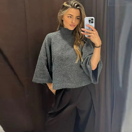 Women's Turtleneck Knit Sweater Flared Sleeve Loose Fit Soft  Pullover Casual Chic Cropped Sweaters Daily Fashion Knitwear Top