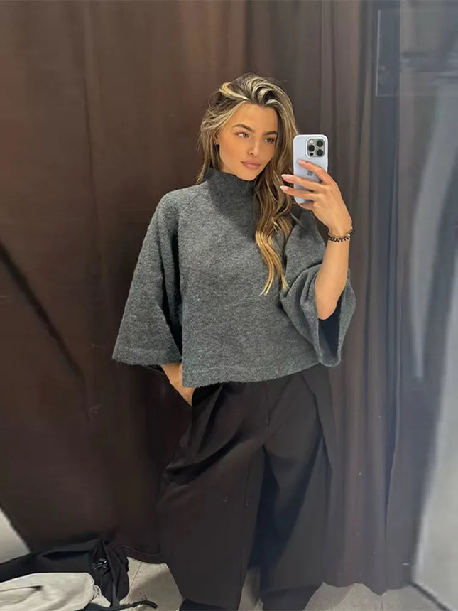 Women's Turtleneck Knit Sweater Flared Sleeve Loose Fit Soft  Pullover Casual Chic Cropped Sweaters Daily Fashion Knitwear Top