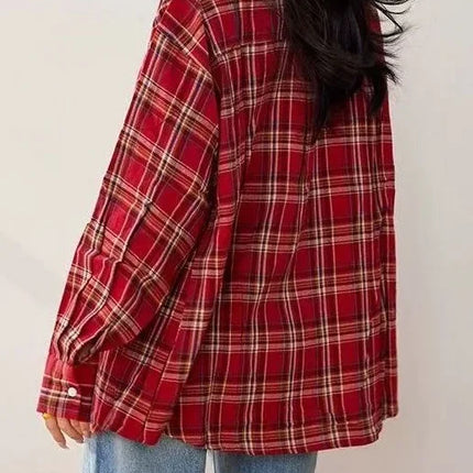 Retro Red Plaid Long Sleeve Women's Shirt Loose Fit Autumn Summer New Style Casual Fashion Open Cardigan Slimming Top Coat