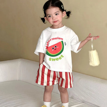 MILANCEL New Summer Kids Clothes Set 1-9T Girls Cartoon T-shirt+Striped Shorts Cotton Loose Boys Tee Suit Children Outfit 2PCS