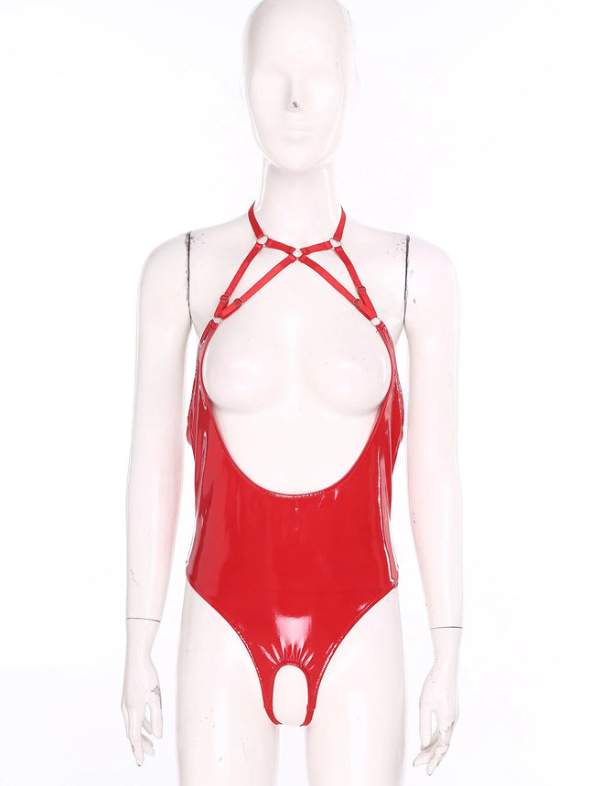 Womens Latex Lingerie Open Chest Patent Leather Bodysuit Halter Backless Crotchless Open Cup Teddies Leotard Erotic Clubwear