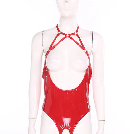 Womens PU Leather Hollow Out Lingerie Bodysuit Wet Look Strappy Halter Neck Open Chest Backless Crotchless High Cut Catsuits