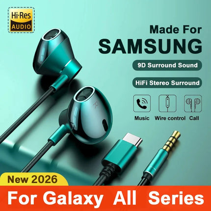 For Samsung Headphones HiFi Bass Stereo Volume Control With Mic USB Type C 3.5mm Wired Eadphone For Galaxy S25 S24 S23 S22 Ultra