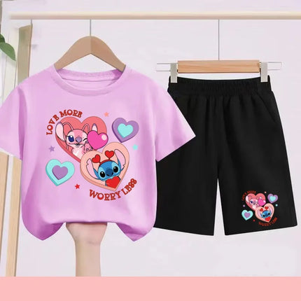 Disney 2026 Summer Round-neck Short-sleeved Set Girl Stitch Printed T-shirt Fashion Child Top+Shorts Casual Daily Sportswear Set