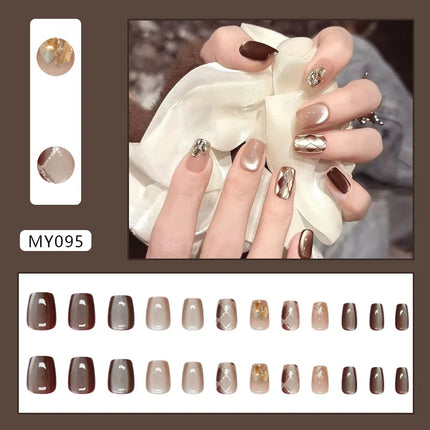 Dark Brown Flowers 24 Pcs Press-on Nails Pink Nail Polish Glossy Artificial Finger Manicure Reusable False Nails
