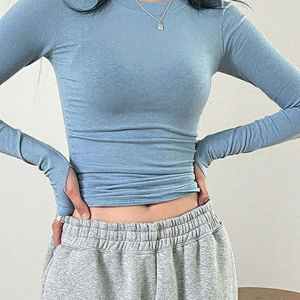 Women Casual Slim Fit Long Sleeve O-Neck T-shirts Tops Spring Fall Solid Color Tees with Thumb Holes Streetwear