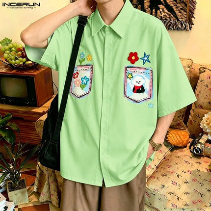 INCERUN Men's Shirt Printing Lapel Short Sleeve Loose Summer Menswear Clothing Streetwear 2026 Korean Style Casual Tops Shirts