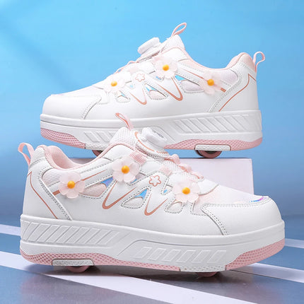 Girls Roller Skates Four-wheel Outdoor Shock-absorbing Casual Sports Shoes Soft Walking Comfortable Flat Wheel Shoes for Kids