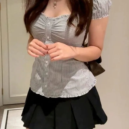 Slim Fit ort Sve irt V-Ne Beautiful Striped Flng Sve Top Trendy Girl's Faion Casual Wear Summer 2025