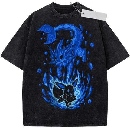 Oversize Vintage Washed Pokemon T Shirt Cute Mimikyu Cartoon with Small Ghost Companion Graffiti Print Streetwear Casual Wear