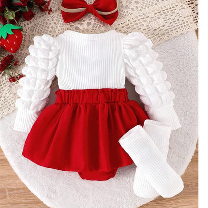 0-18M Baby Strawberry Bodysuit Dresses For Girls Long Sleeve Red Romper Newborns Onesies With Baby Socks Headband Clothing