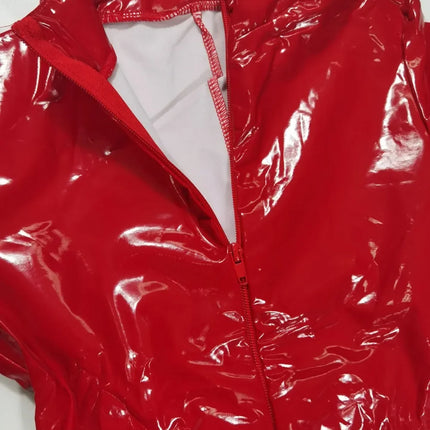 Pluse Size Women Shiny Leather Jumpsuits Long Sleeve Zipper Open Crotch Latex Bodysuit Hot Porn Breast Exposing Sexi