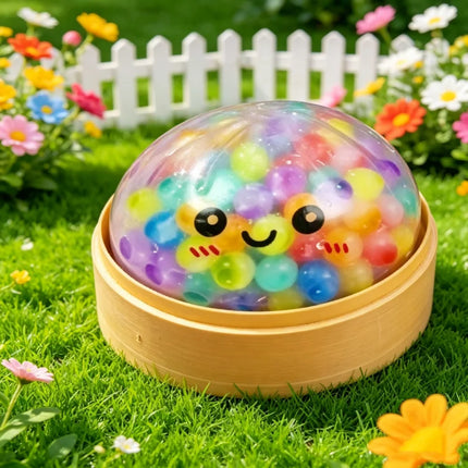 Rainbow Dumpling Squishy with Bead Sensory Squeeze Toy for Stress Relief with Bamboo Steamer Funny Gift