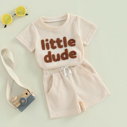Toddler Boys Summer Outfit Sets Short Sleeve Letter Print Tops Solid Color Drawstring Shorts