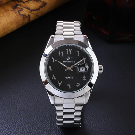 A quartz wristwatch with a stainless steel strap and personalized dial, equipped with a date display function. The simple and atmo