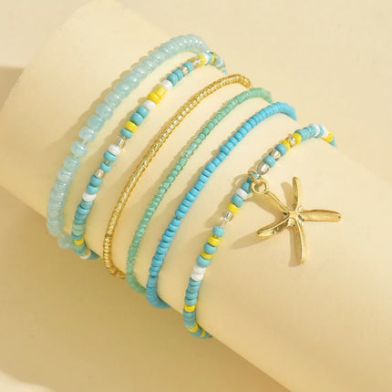 Multilayer Bohemia Rice Bead Anklet Set for Women Fashion Starfish Pendant Anklets Summer Sandy Beach Ankle Chain on Leg Jewelry