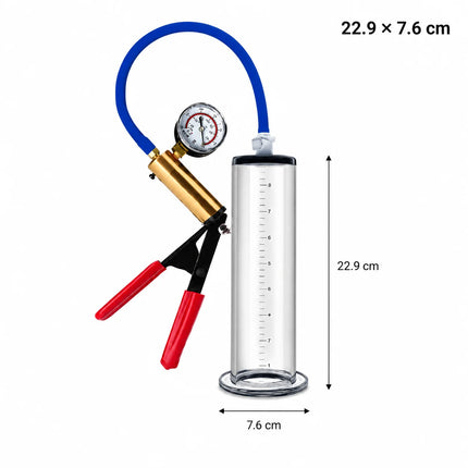 Male Vacuum Pump Sex Toy with Clear Measuring Cylinder Blue Hose Red Handle Gauge and Man Masturbation Training Device