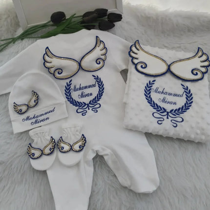 Dollbling Hospital Exit 5pcs Embroidery Name Newborn Angle Wings Romper Blanket  Nursery Bedding Swaddle Handmade Infant Outfit