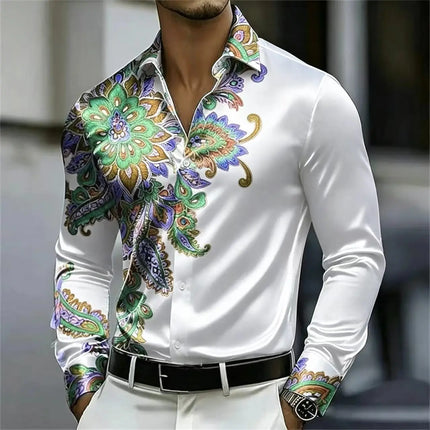 Men's Satin Paisley Printed Shirt Luxury Glossy Long Sleeve Casual Button Down Dress Shirts Nightclub Party Wear