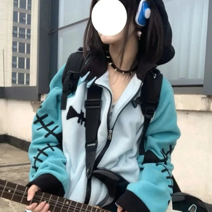 Japanese Kawaii Fish Bone Long Sleeve Detachable Hood Women Zipper Y2k Aesthetic Streetwear Hoodies Harajuku Zipper Sweatshirt