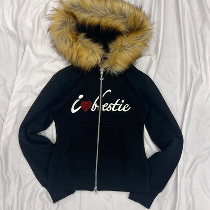 Harajuku Letter Embroidery Double Zipper Hoodie Women American Retro Fur Collar Oversized Sweatshirt Trendy Gothic Streetwear