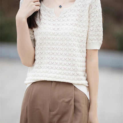 Women's T-shirt Summer New 100% Pure Cotton Tees Casual Solid Knitted Short sleeved V-neck Pullover Loose Tops Fashion Sweater
