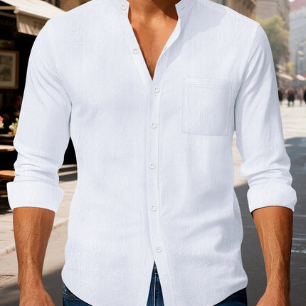 Autumn men's clothing 2025 new item men's solid color cotton and linen shirt stand up collar cardigan long sleeved casual busine