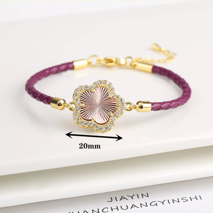 Classic Genuine Leather Woven Natural Stone Five Leaf Flower Charm Bracelet Fashion for Women Girls Party Wedding Jewelry Gift