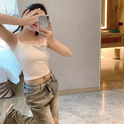New Women's Slim Fit Tank Top Pure Color Summer Outerwear with Chest Pad Bal Base irt Sli Versatile Casual Wear