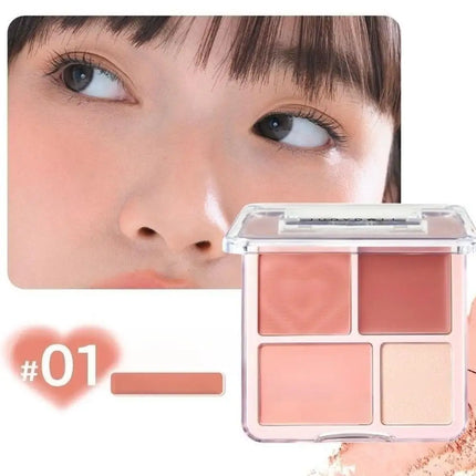 4-Color Pink Peach Blush & Highlighter Palette - Matte Cream Powder, Brightening Color-Boosting Cheek Makeup Rouge